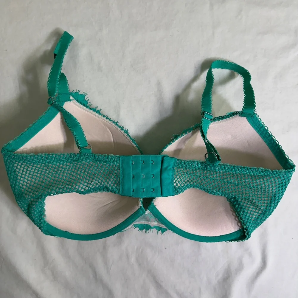 NWT Victoria's Secret Dream Angel Teal/Ivory Lace Push Up Bra 34DDD - Picture 2 of 3